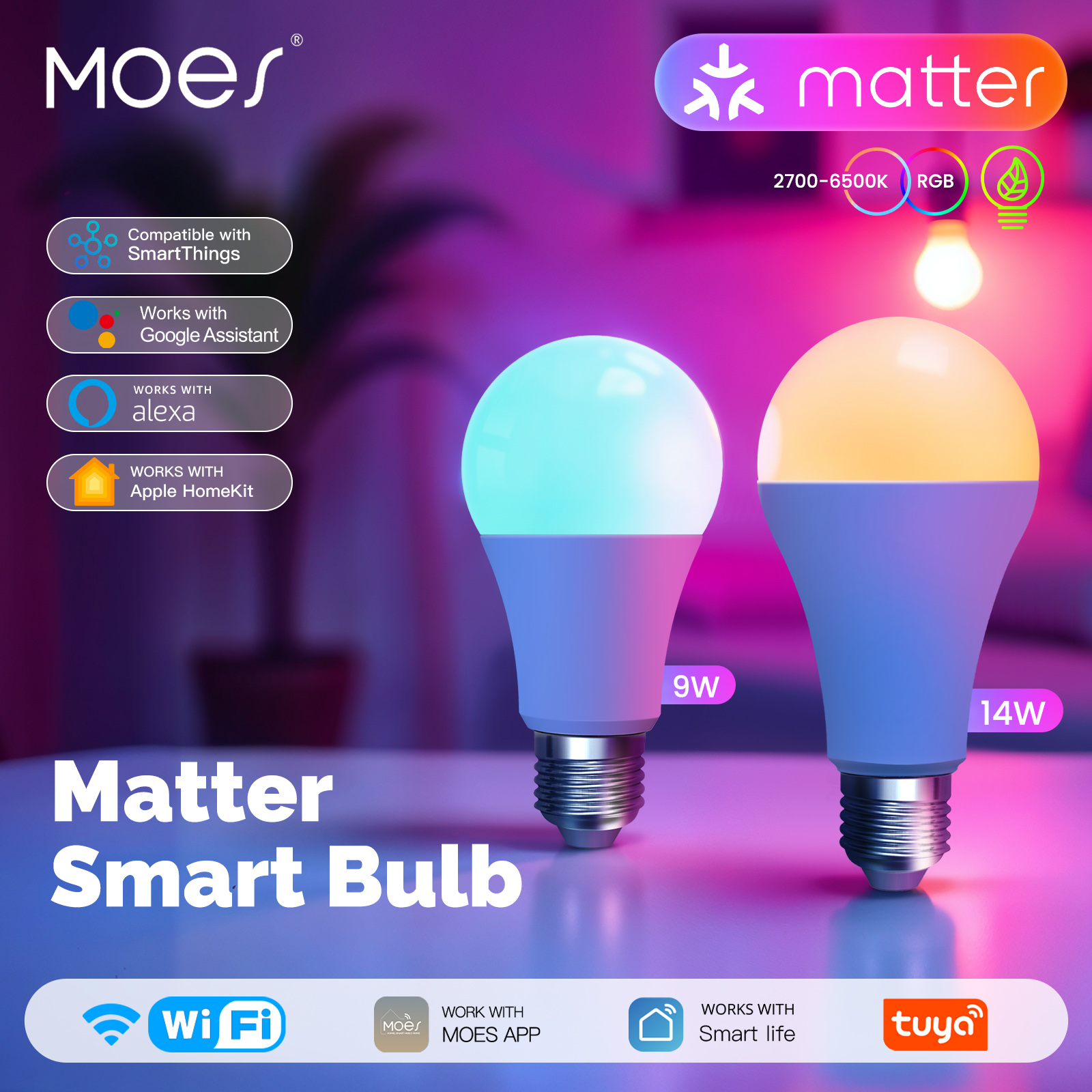 Alexa Compatible Bulb - MATTER Smart Bulb WiFi RGB+CW 14W